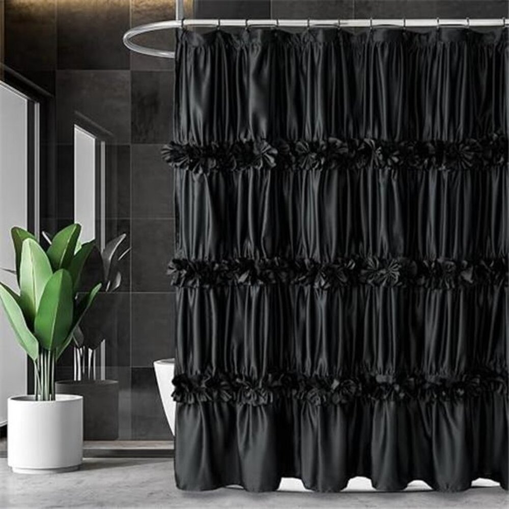 Black Ruffle Shower Curtain, Vintage Handcrafted Bow Tie Bath Curtain